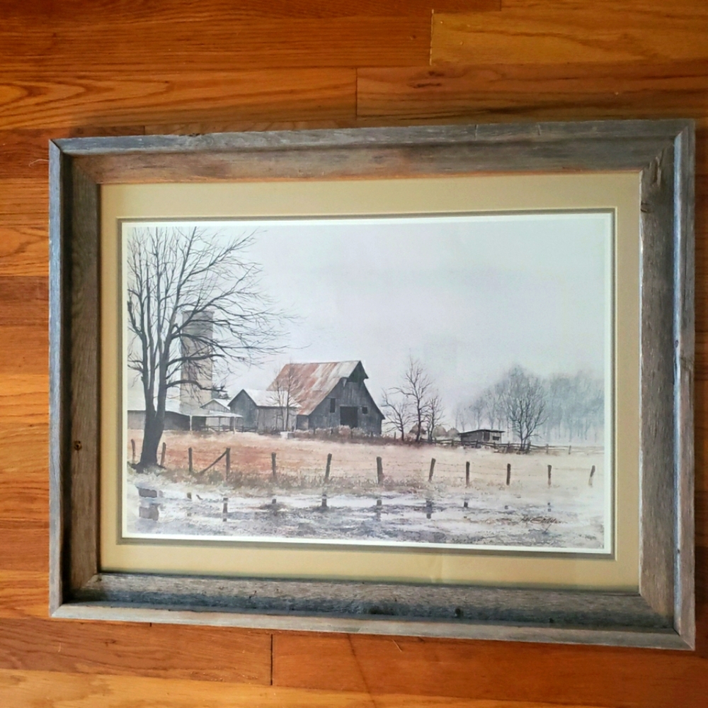 Jim Gray, Rainy Day Barn, S/N Watercolor Lithograph, Barn Wood Frame
